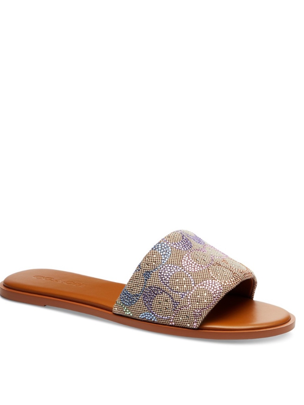 Coach Rainbow Crystal-Embellished Tan Slide Sandal with Multicolor Logo Strap 6
